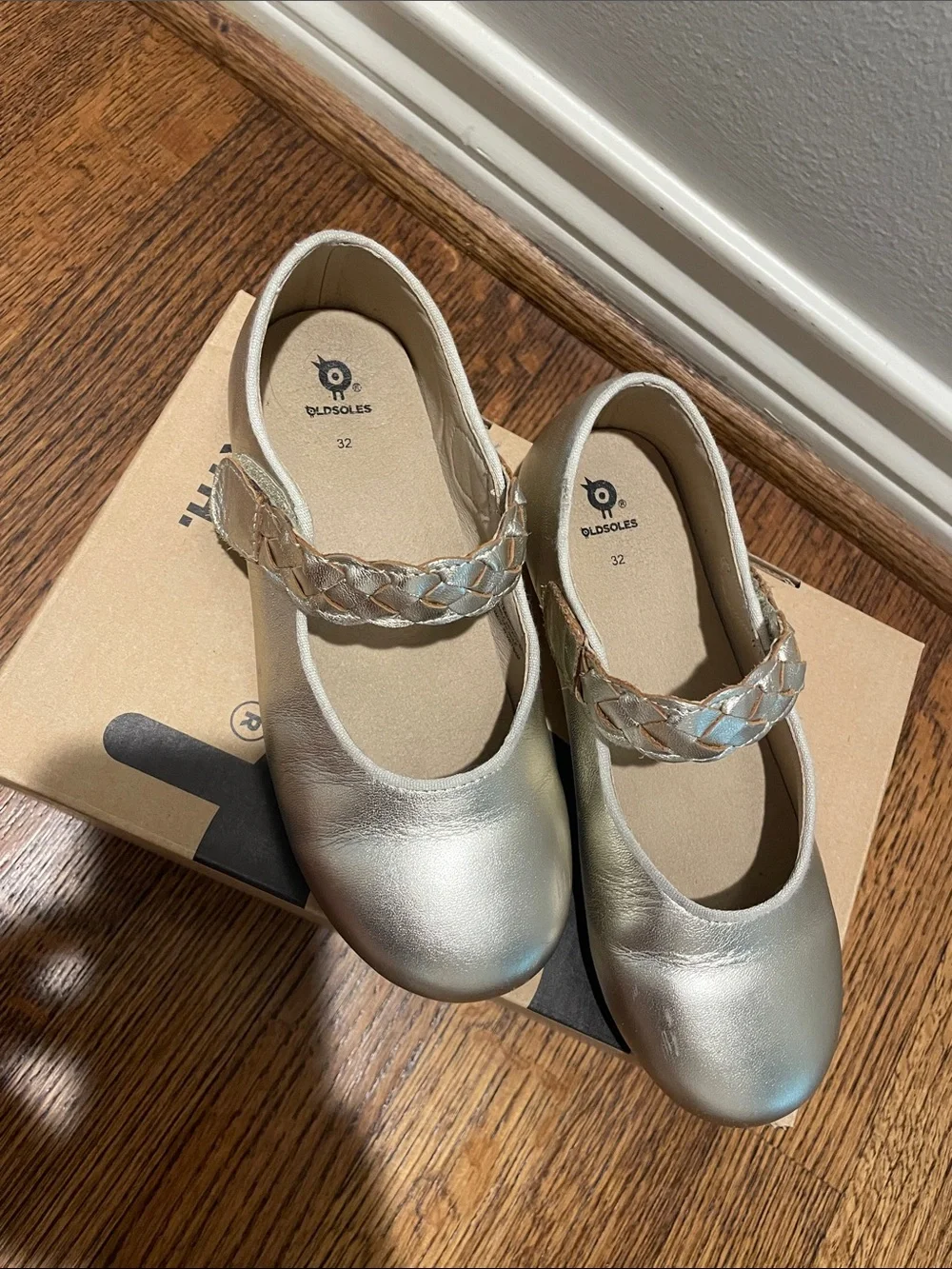 Old Soles Girls Metallic Silver Braided Strap Mary Janes
